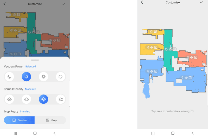 Controlling the water intensity level for each room individually via the mobile phone app